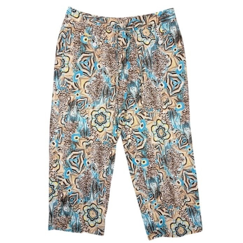Peck & Peck Weekend Womens Blue Brown Linen Cotton Leopard Cropped Pants Size 8